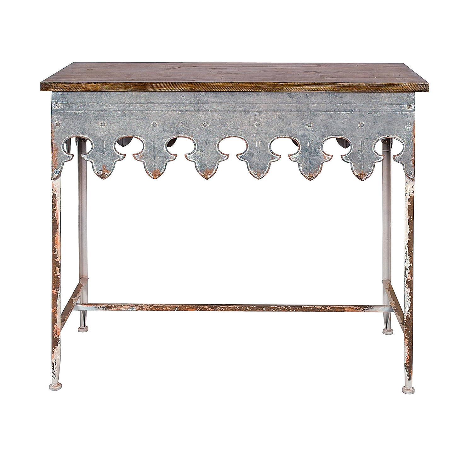 Storied Home Scalloped Sofa Table Silver: Farmhouse Zinc-Finish, Fir Wood Top, 44 lbs Capacity