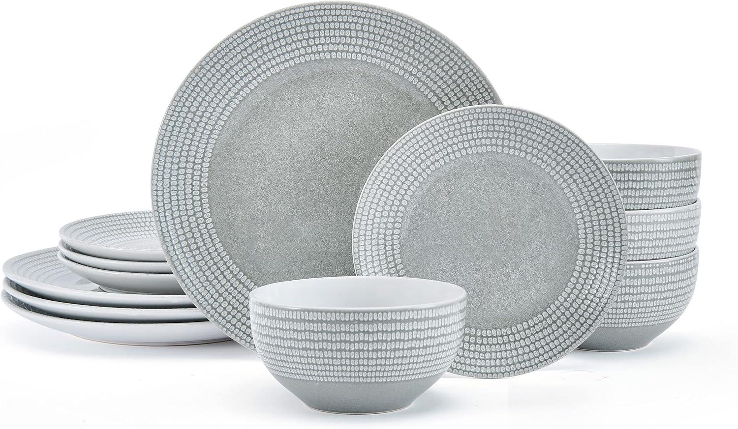 Gray Ceramic 12-Piece Dinnerware Set with Dot Pattern