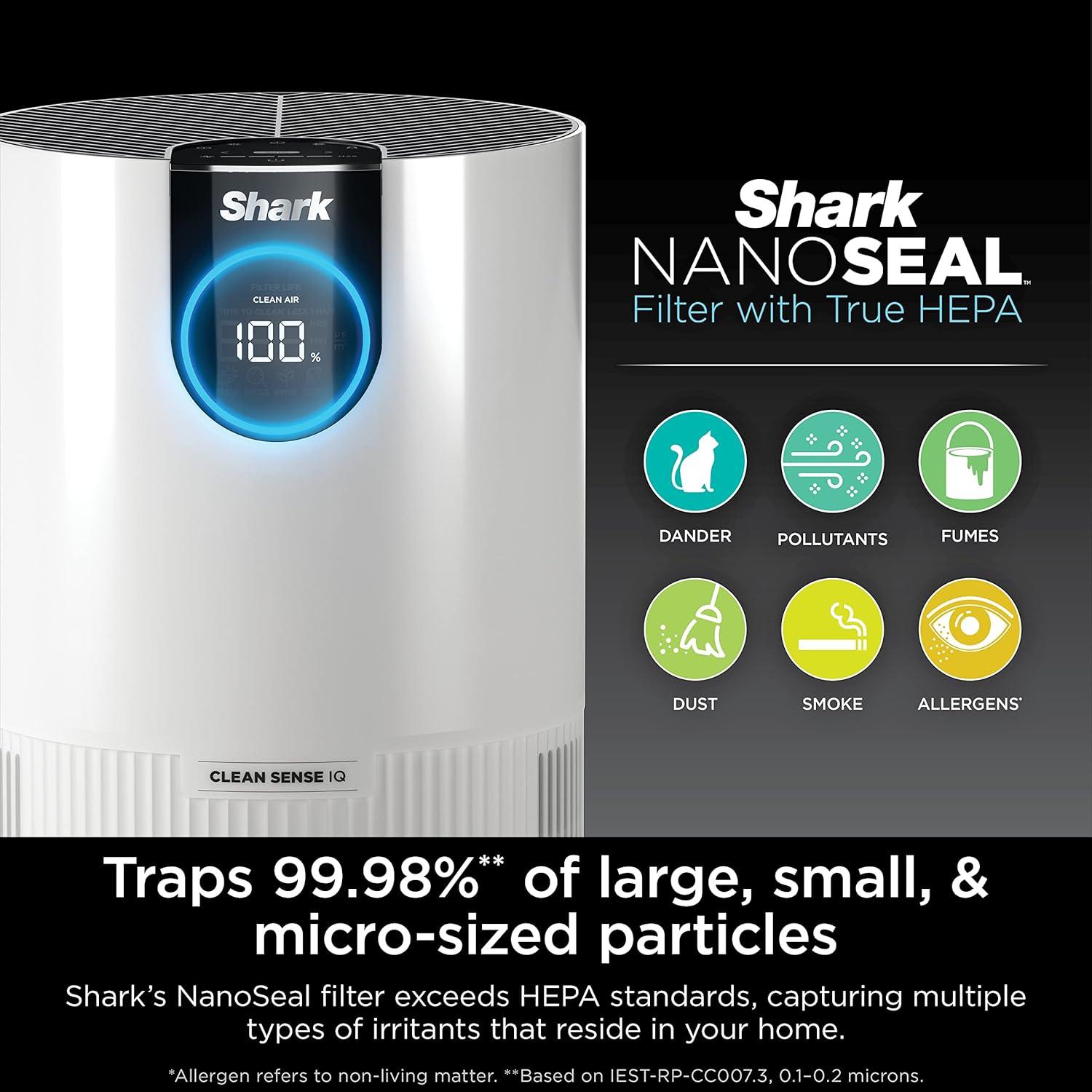 Shark Air Purifier with Nanoseal HEPA, Cleansense IQ, Odor Lock, Cleans up to 500 Sq. Ft, White, HP102: UL Listed, True HEPA, 2-Year Warranty