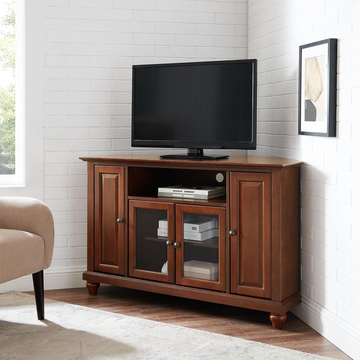 Cambridge Corner TV Stand for TVs up to 48" Mahogany - Crosley: Brass Hardware, Media Storage, Glass Doors