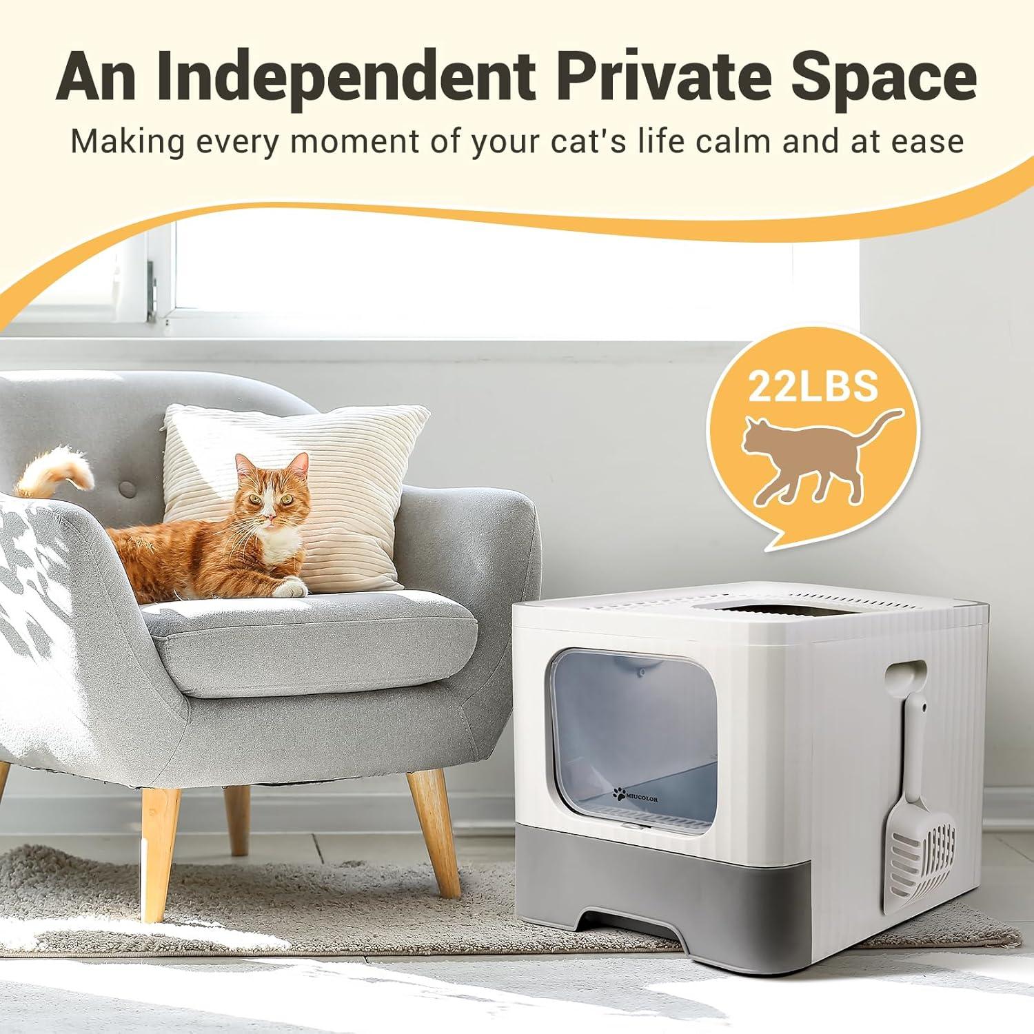 Dextrus Large Enclosed Cat Litter Box with Lid Drawer Type Easy to Clean,with Cushion&Litter Scoop,Gray