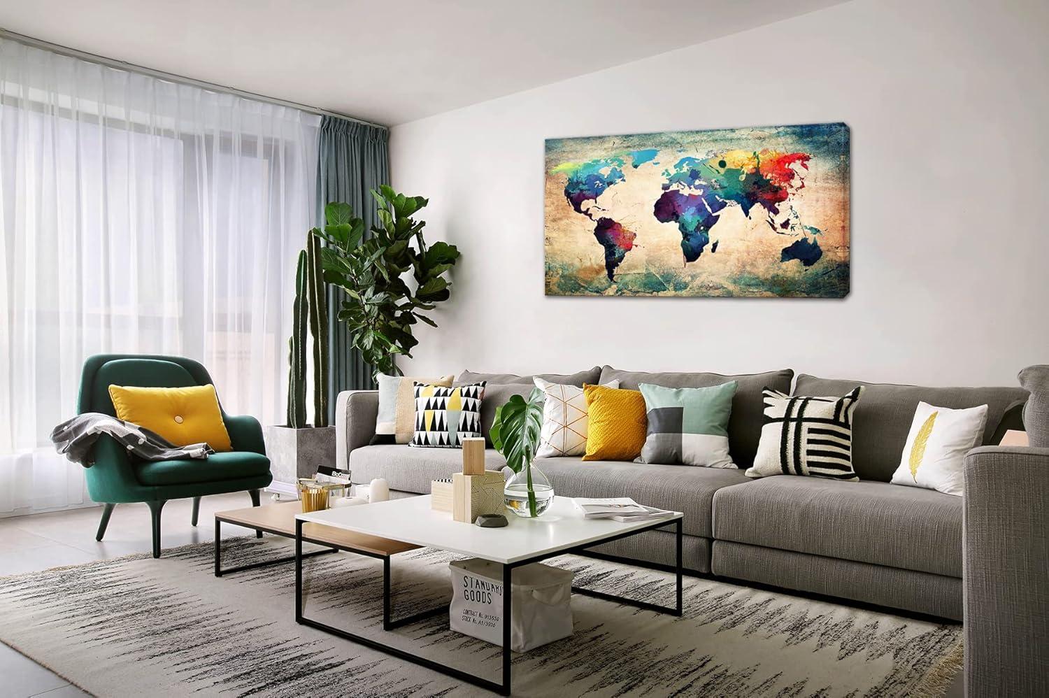 Baisuwallart-A62050 Abstract World Map Canvas Painting Vintage Posters Prints Colorful Wall Art Wall Pictures Framed Ready to Hang for Living Room Bedroom Office Home Decor