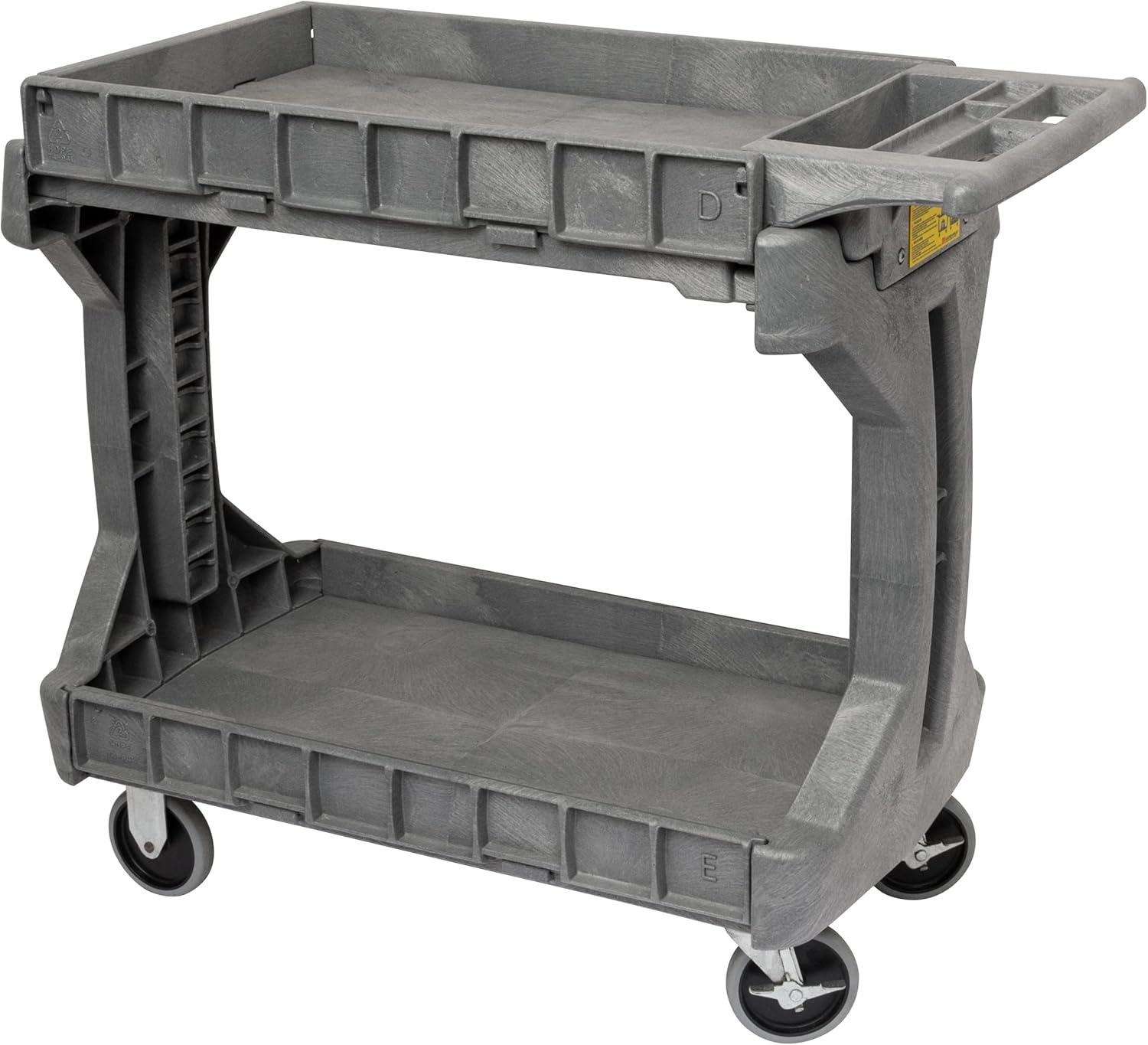 Gray Heavy Duty 2-Tier Rolling Utility Cart with Hinged Side Gates