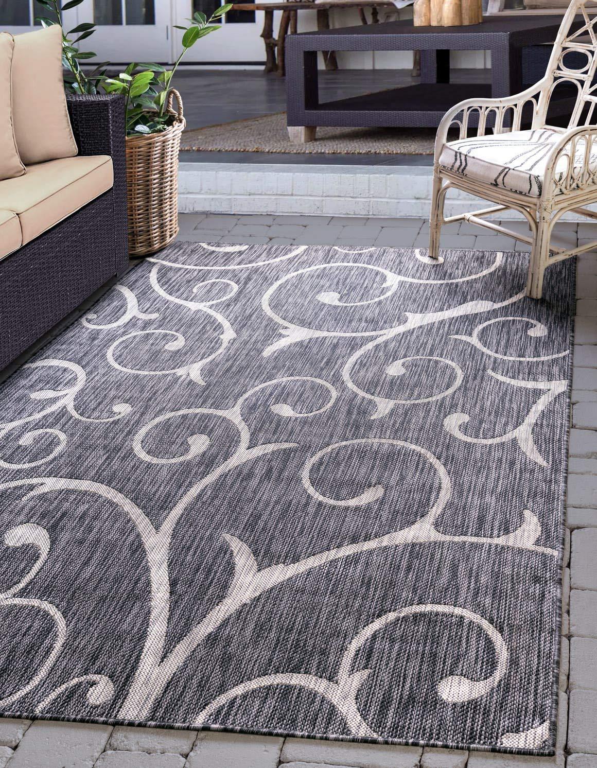 Unique Loom 4' 1 x 6' 1 Rectangle Indoor/Outdoor Botanical Charcoal Gray Area Rug
