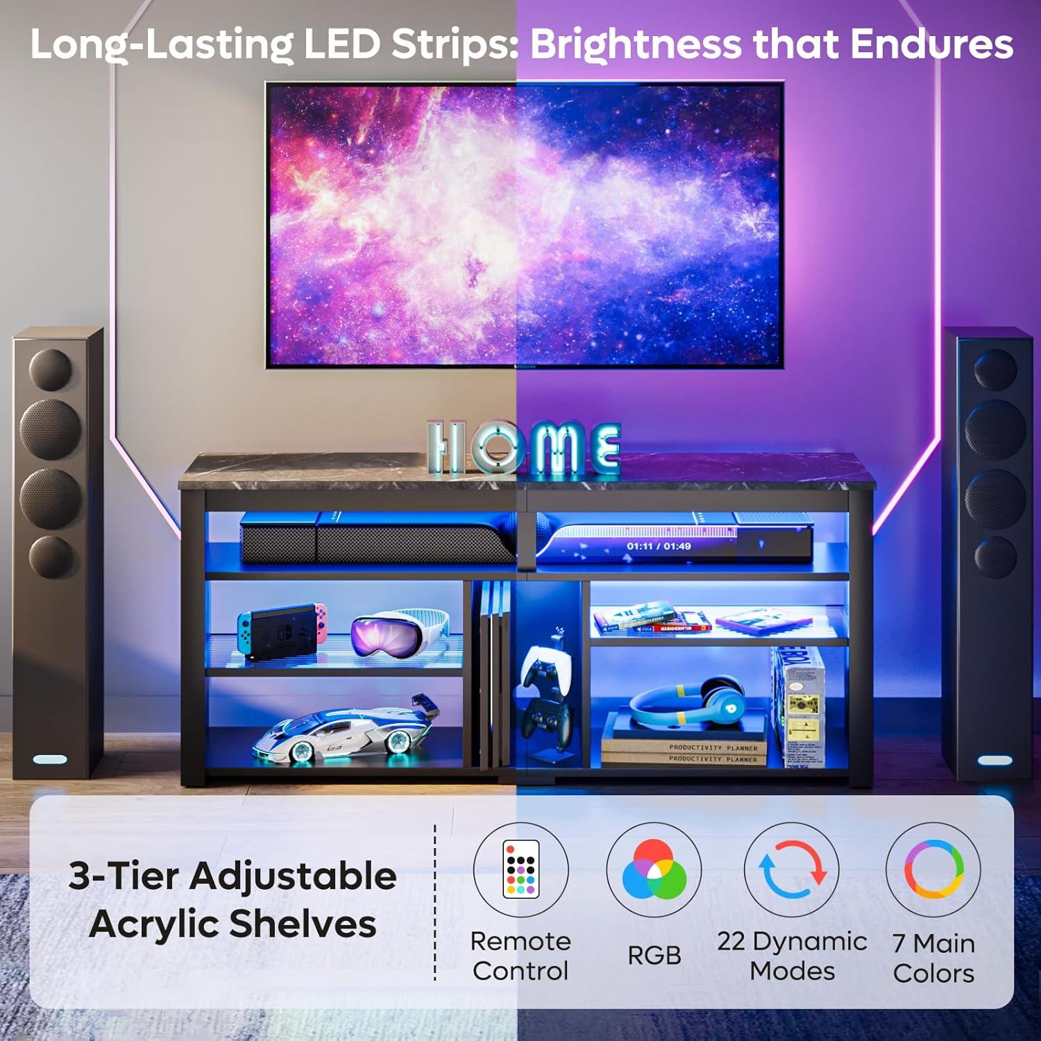 Bestier LED Tall Entertainment Center, 55/60/65 inch TV Stand with Storage for PS5 Xbox, Adjustable Shelf Media Console for Living Room, Black Marble