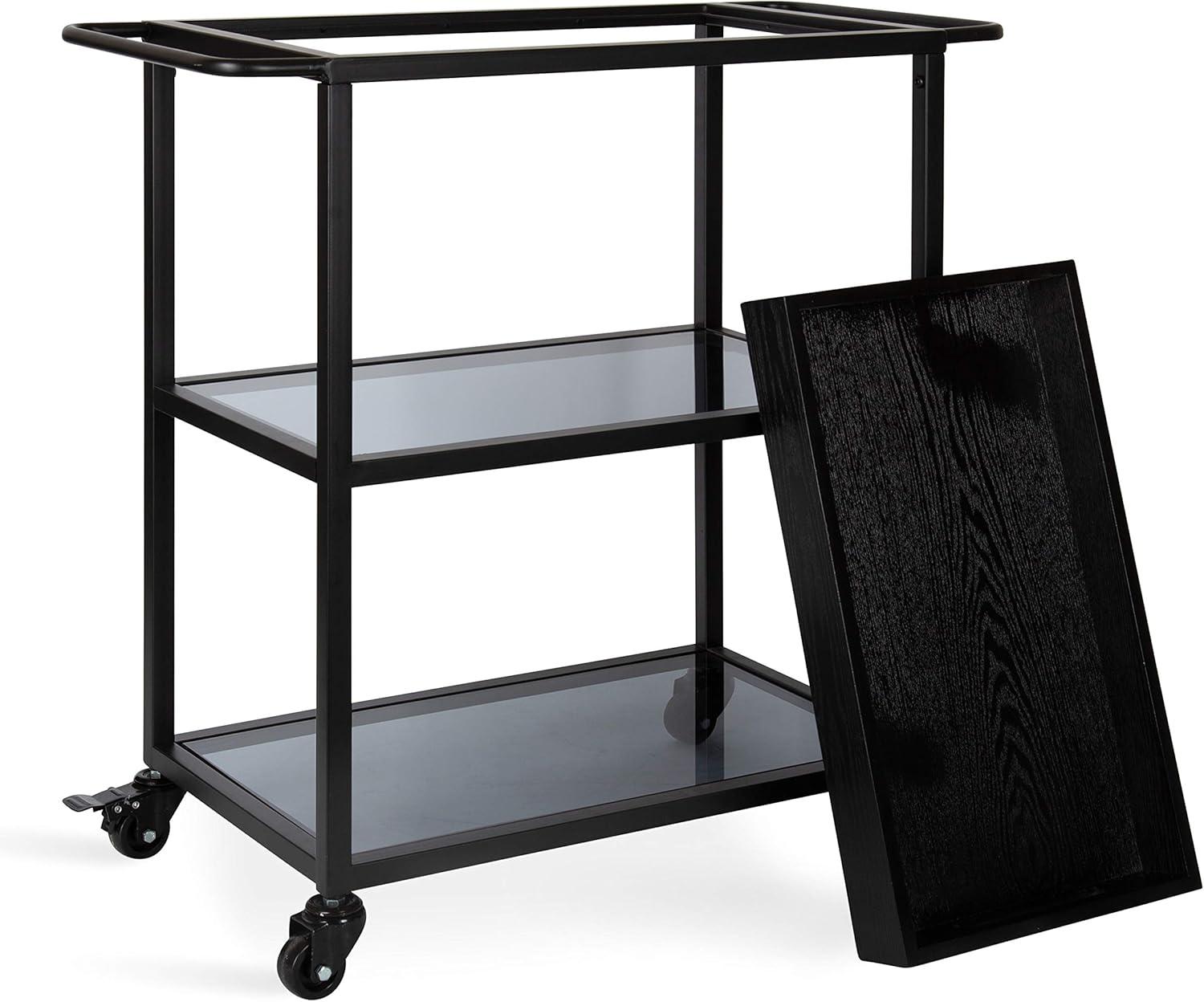 Black Metal Bar Cart with Glass Shelves and Tray