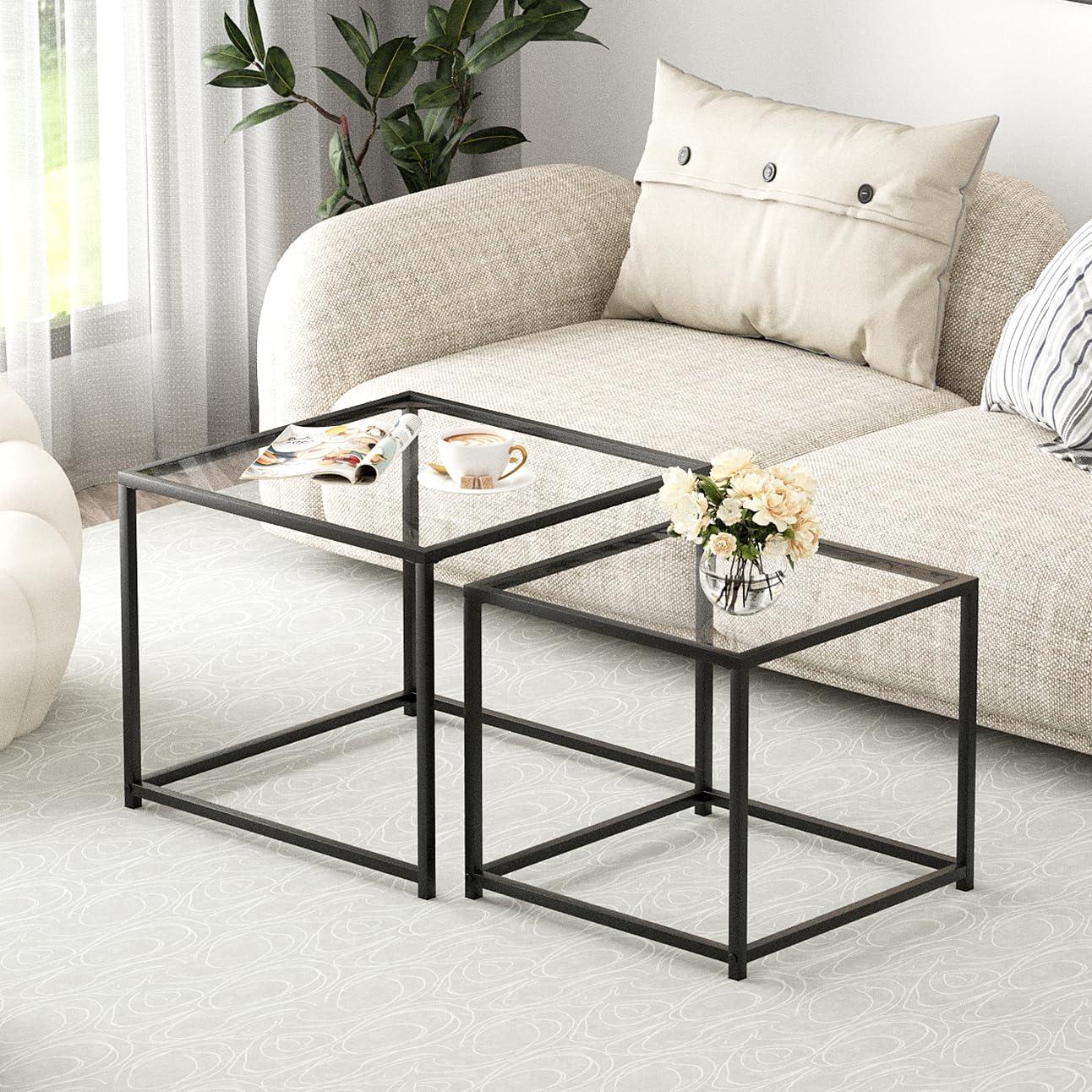VILAWLENCE Coffee Table Set of 2, Modern Black Patterned Glass Side Table, Metal Frame Square End Table, Center Tables Nesting Coffee Table for Living Room,Bedroom and Small Spaces
