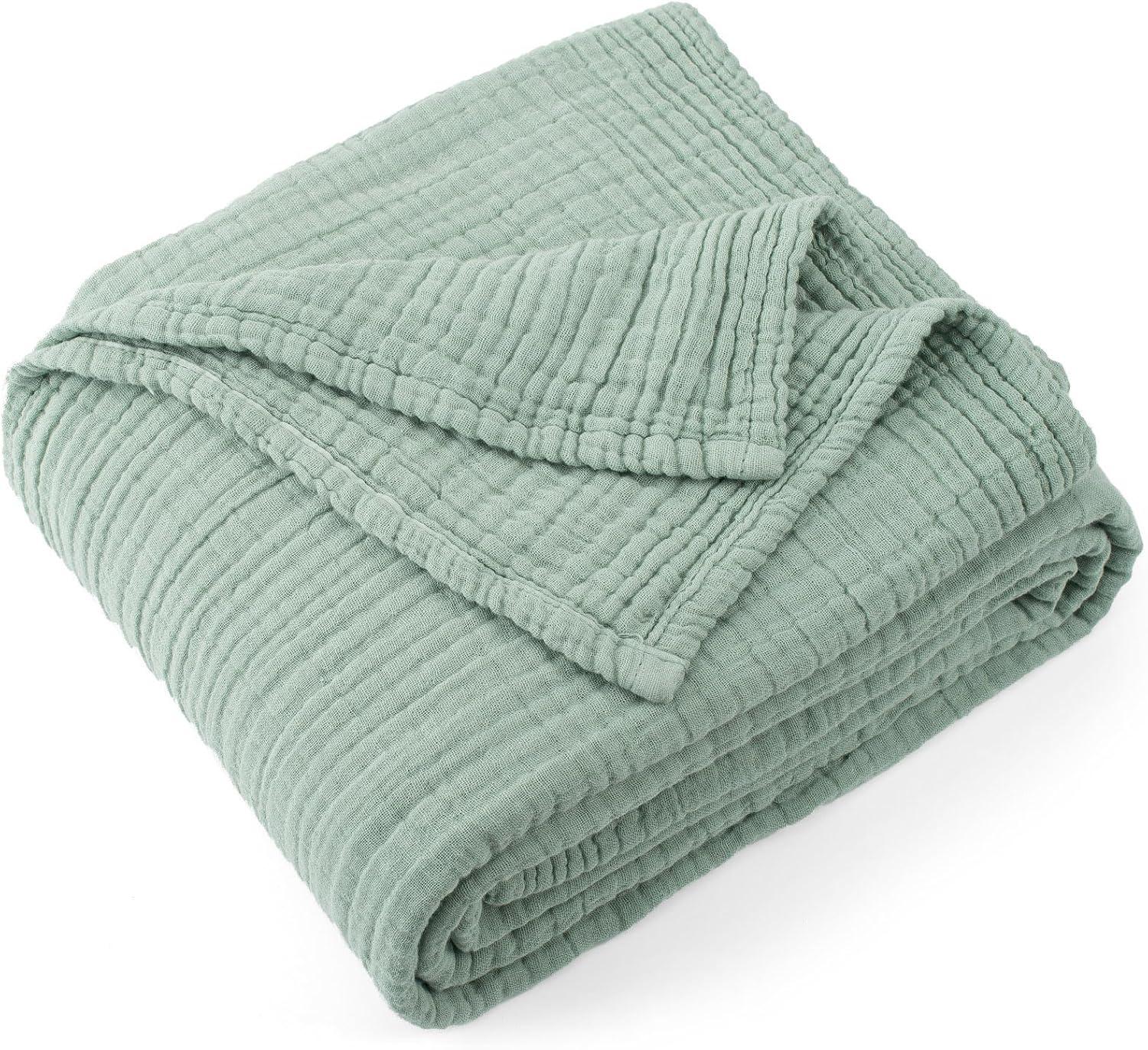 Sage Green Cotton Muslin Reversible Throw Blanket 70" x 80"