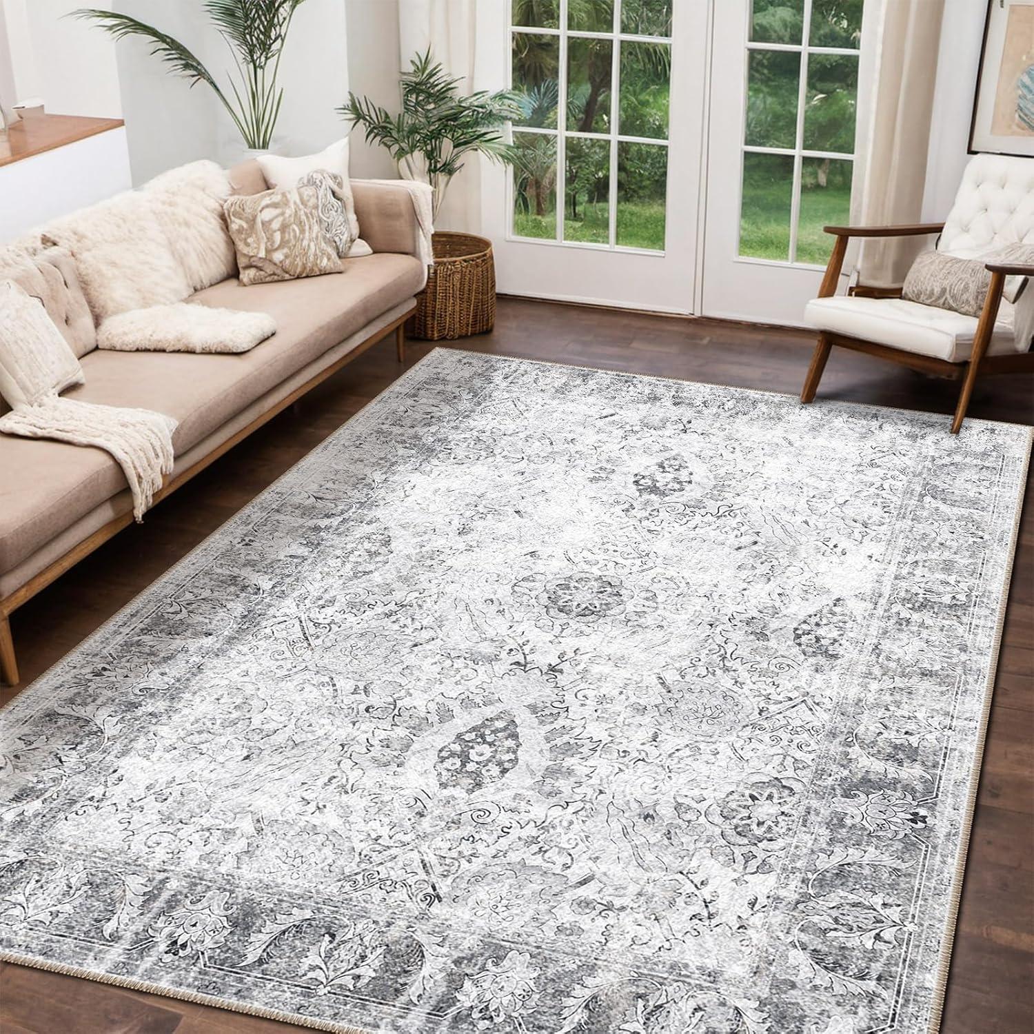 Gray 5' x 7' Vintage Washable Non-Slip Area Rug