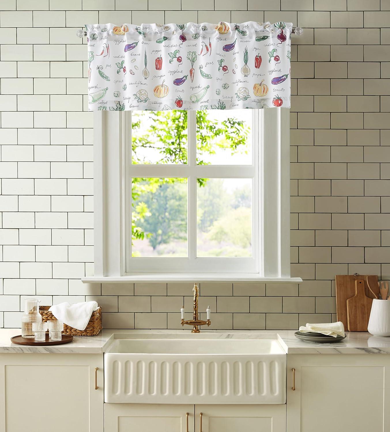 RT Designer's Collection Tribeca Vegetables Printed 3 Pieces Kitchen Curtain Set Includes 1 Valance 52" x 18" and 2 Tiers 26" x 36" Each Multi Color