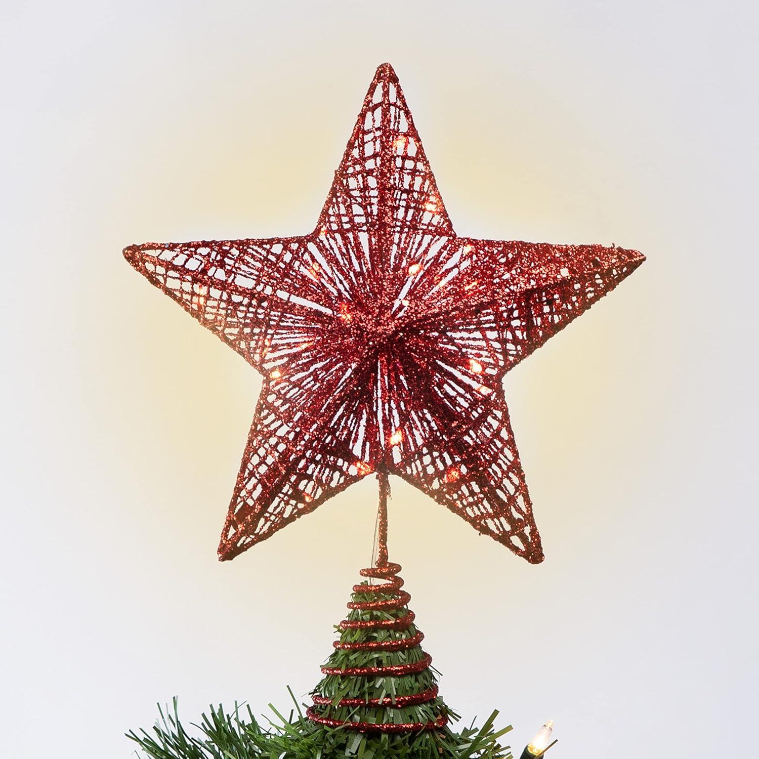 Red Glitter Metal Star Christmas Tree Topper with LED Lights