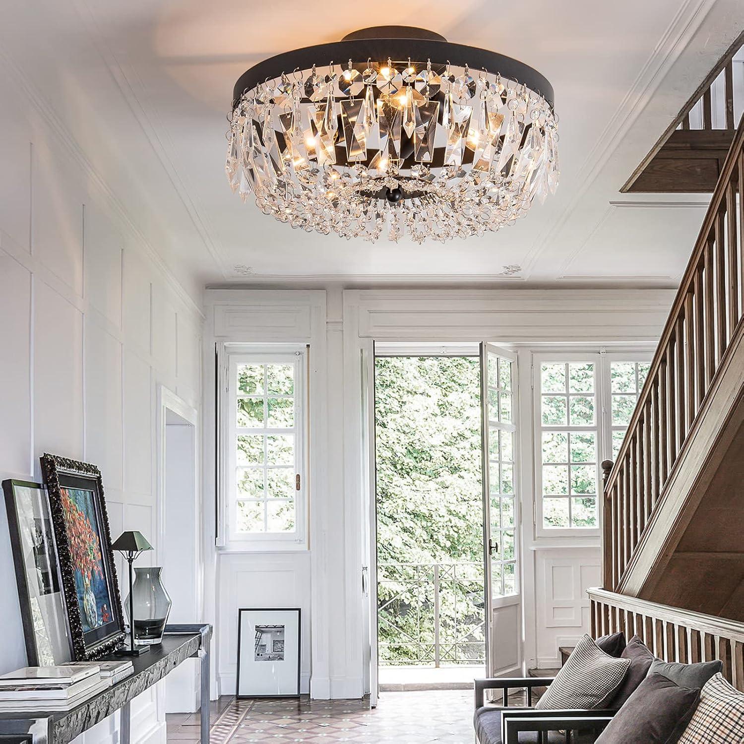 KSRYSZCQ Black Crystal Ceiling Light 4 Light Semi Flush Mount Ceiling Light Crystal Close to Ceiling Light Fixtures for Bedroom Living Room Kitchen Hallway