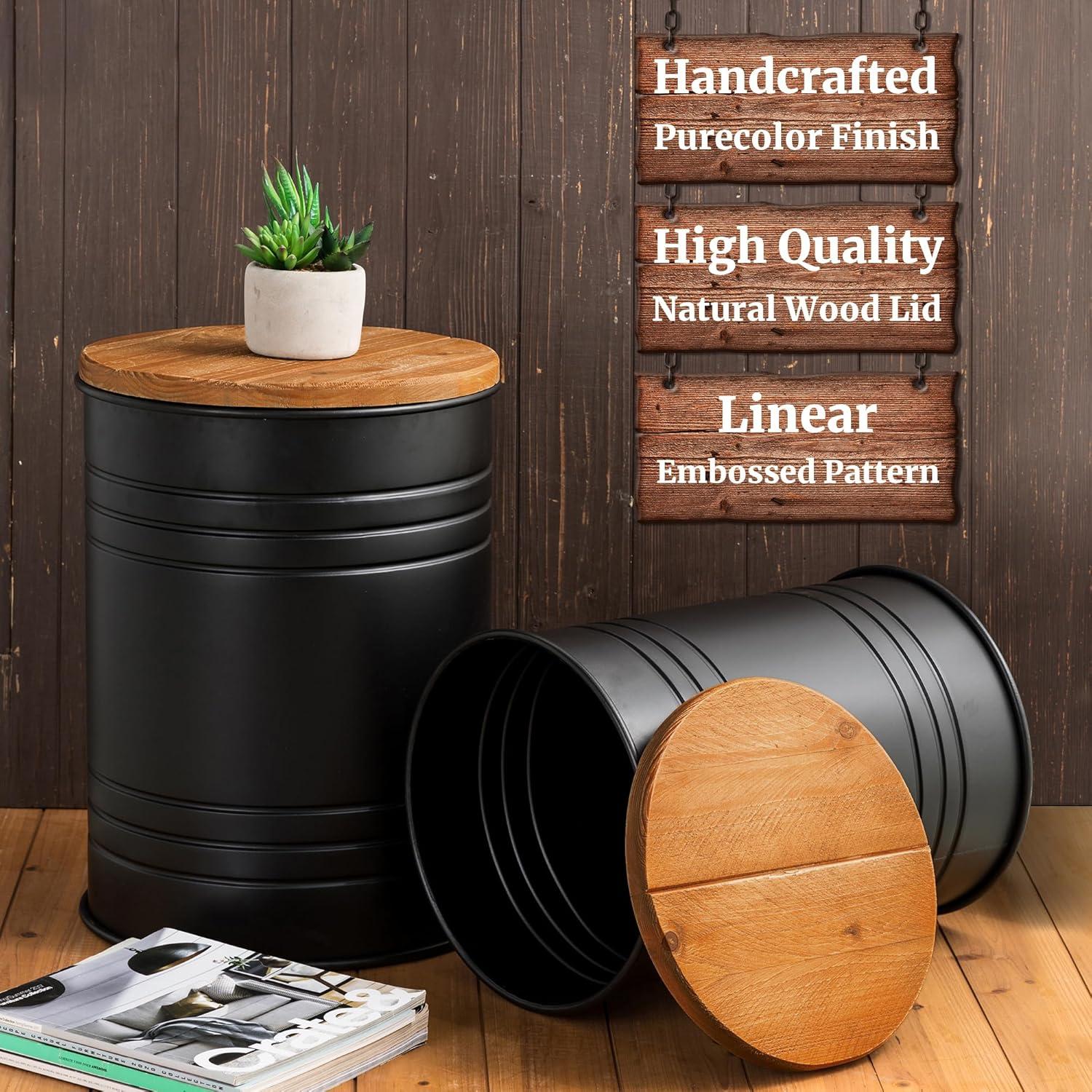 Rustic Storage Ottoman Seat Stool, Farmhouse Accent Side Table, Antique Galvanized Metal End Table Box Bin with Round Wooden Lid Set of 2 (Black)