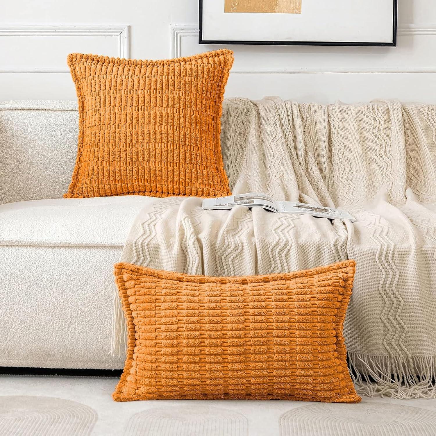 Boho Sage Green Striped Corduroy Pillow Covers - Set of 2 | Farmhouse Rectangle Cushion Cases for Sofa Couch Bed | Soft Decorative Throw Pillowcases - 12x20 Inch Home Decor