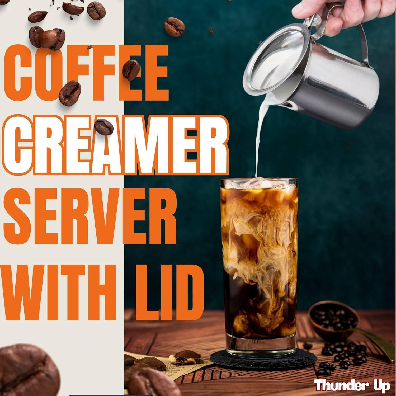 2 Stainless Steel Coffee Creamer Container Cover 10oz Milk Pitcher Lid Dispenser