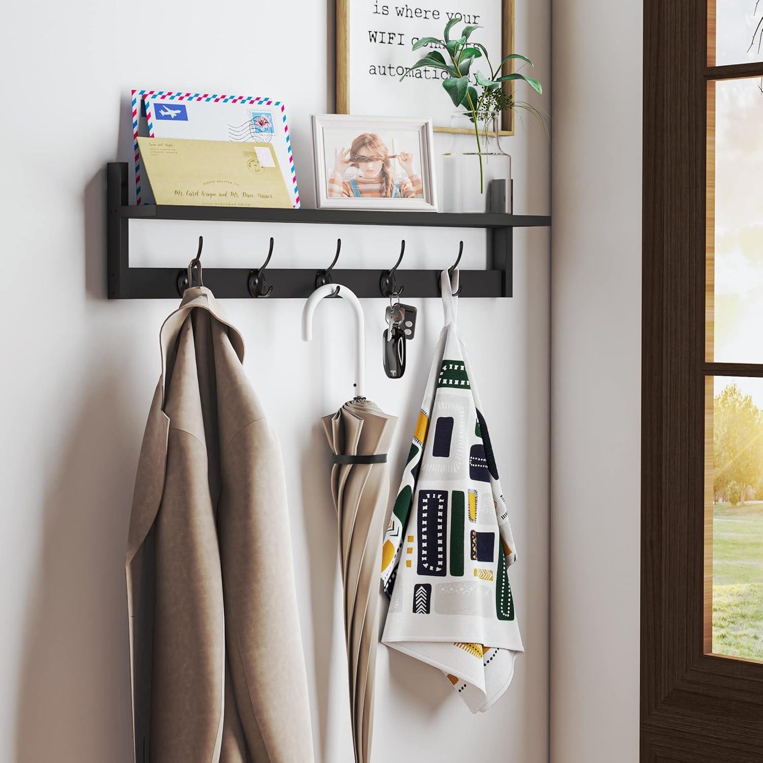 Black Wall-Mounted Shelf with 5 Dual Hooks