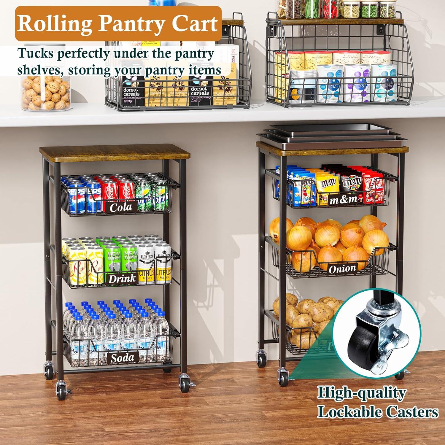 Small Kitchen Storage Cart On Wheels, Metal Fruit Basket Stand With Pull-Out Baskets & Wood Top For Potato Onion Produce Snack Veggies,(4-Tier /Black+ Rustic Board)