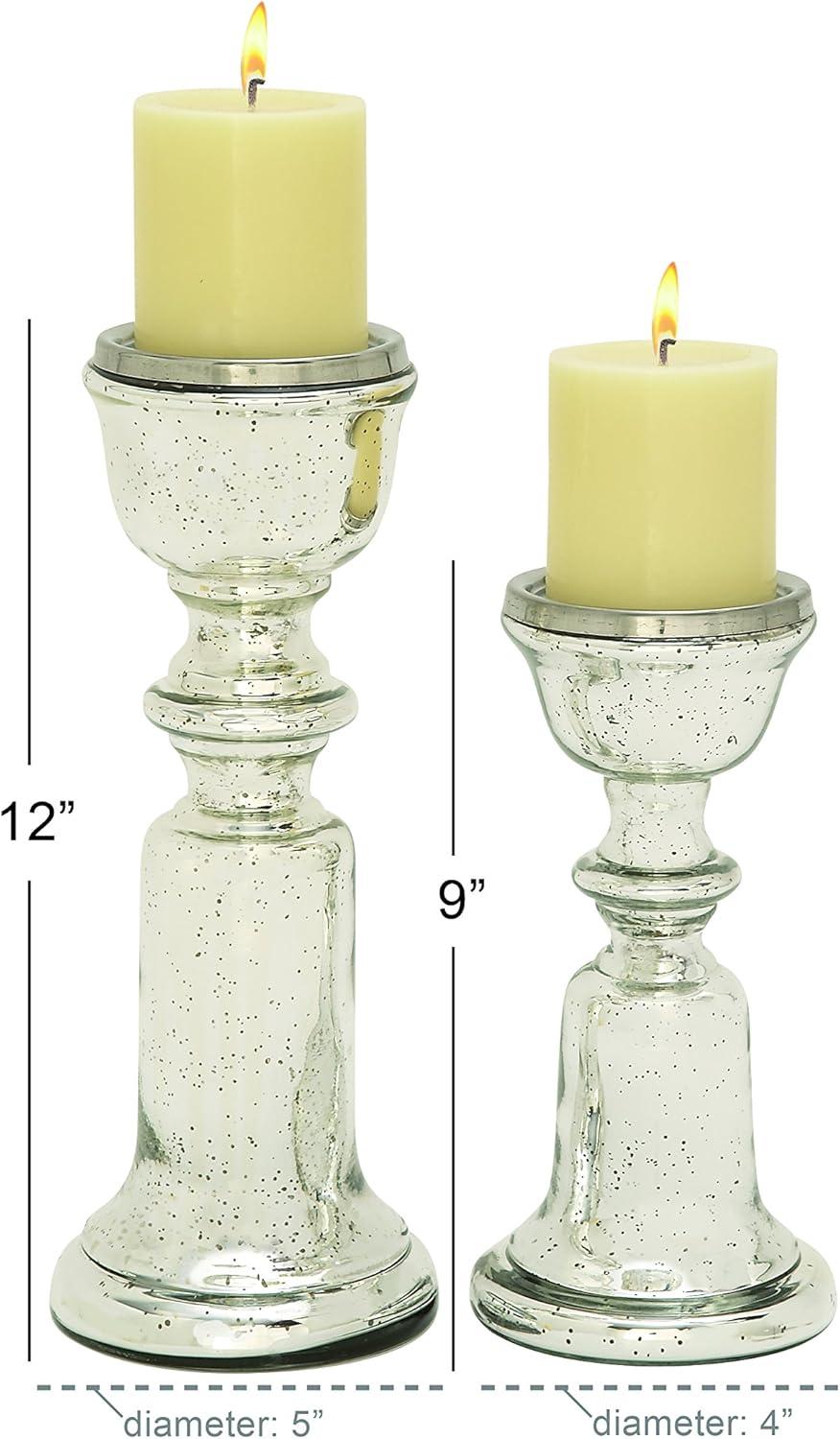 DecMode 2 Candle Silver Glass Handmade Turned Style Pillar Candle Holder, Set of 2