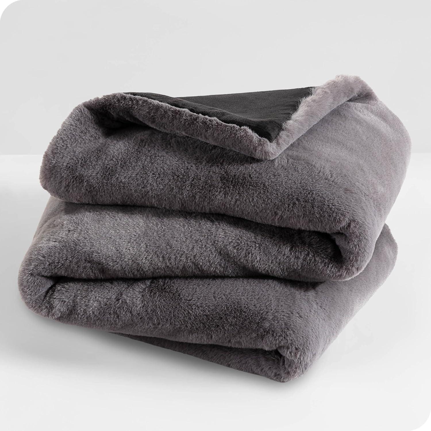 Ultra-Soft Fleece & Faux Fur Dark Gray Throw for All Ages