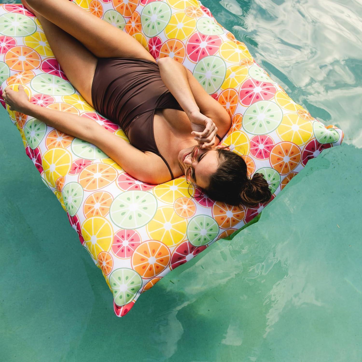 Big Joe Lagoon Lounger No Inflation Needed Pool Float, Citrus Burst Double Sided Mesh, Quick Draining Fabric, 5 feet Giant