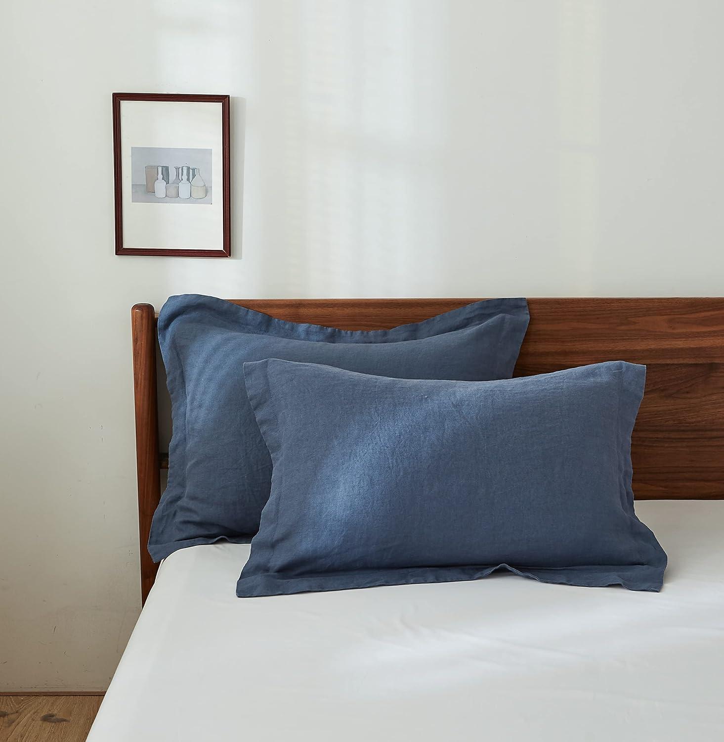 Simple&Opulence 100% French Linen Pillowcase Queen Size-Set of 2- Washed Solid Color Pillow Cases Embroidered -Soft and Durable (Linen, 20''x30'')