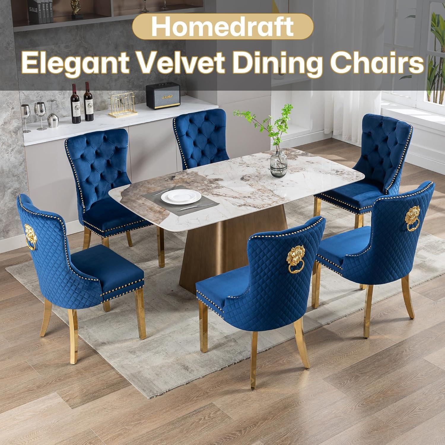 Velvet Upholstered Dining Chairs, Set of 2, Dining Room Tufted Chair, Modern Button Tufted Armless Chairs with Nailhead Trim and Back Ring Pull, Gold Legs, for Dining Room, Kitchen, Navy