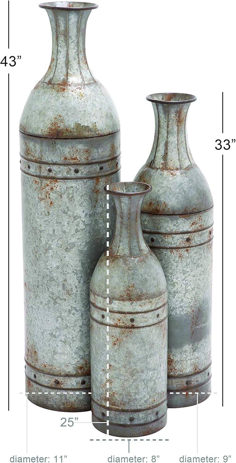 Galvanized Metal Cylinder Floor Vases, Set of 3, Farmhouse Decor