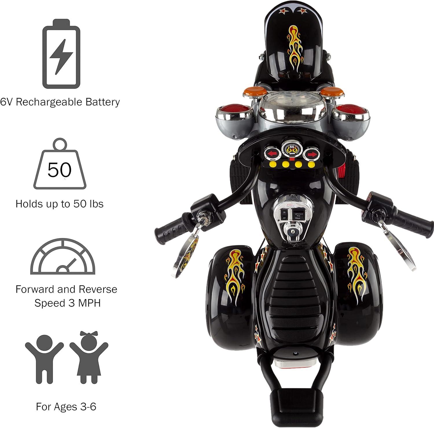 Black 6-Volt Kids Motorcycle with Headlights and Sounds