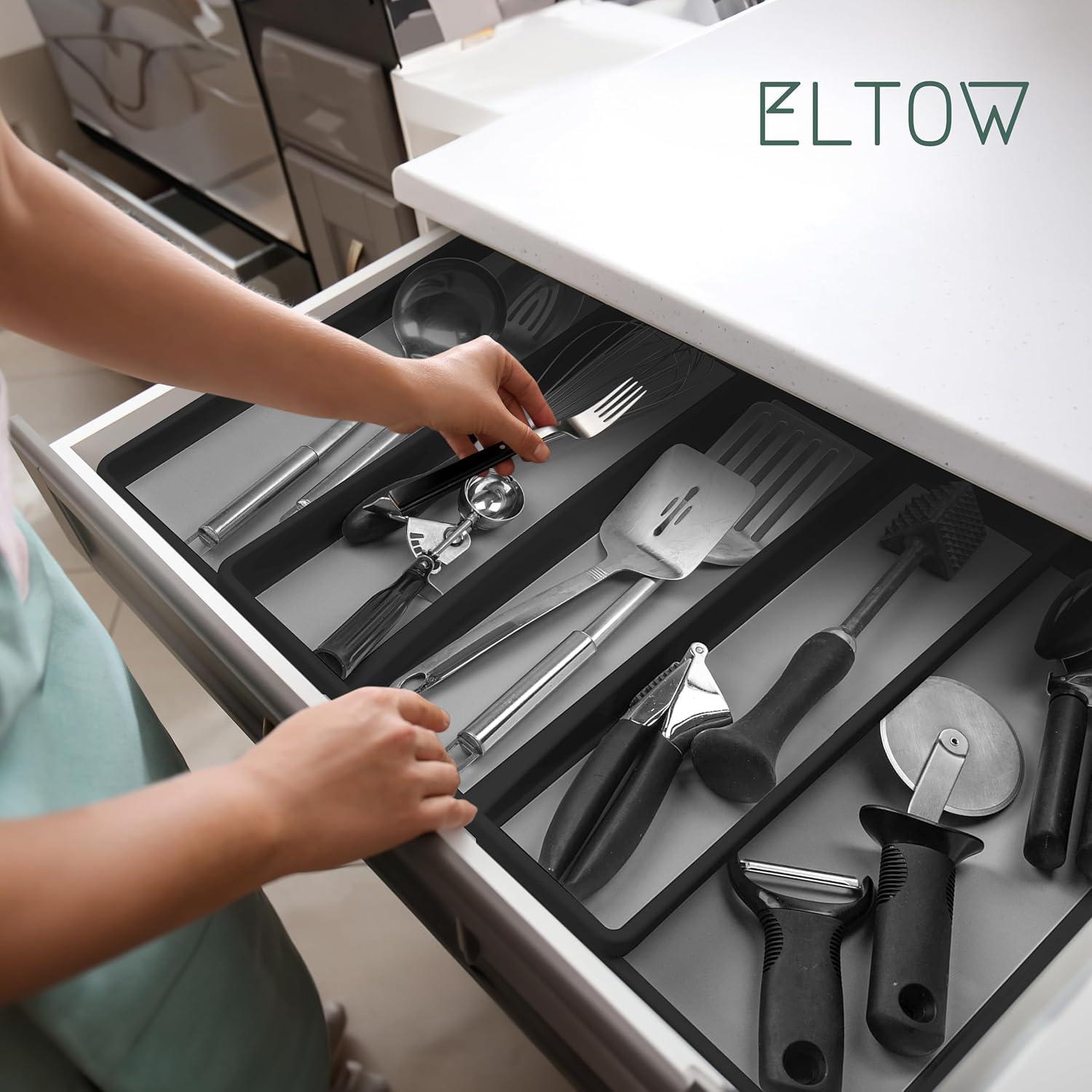 Eltow Black Expandable Kitchen Drawer Organizer for Utensils, 16” x 23.75”