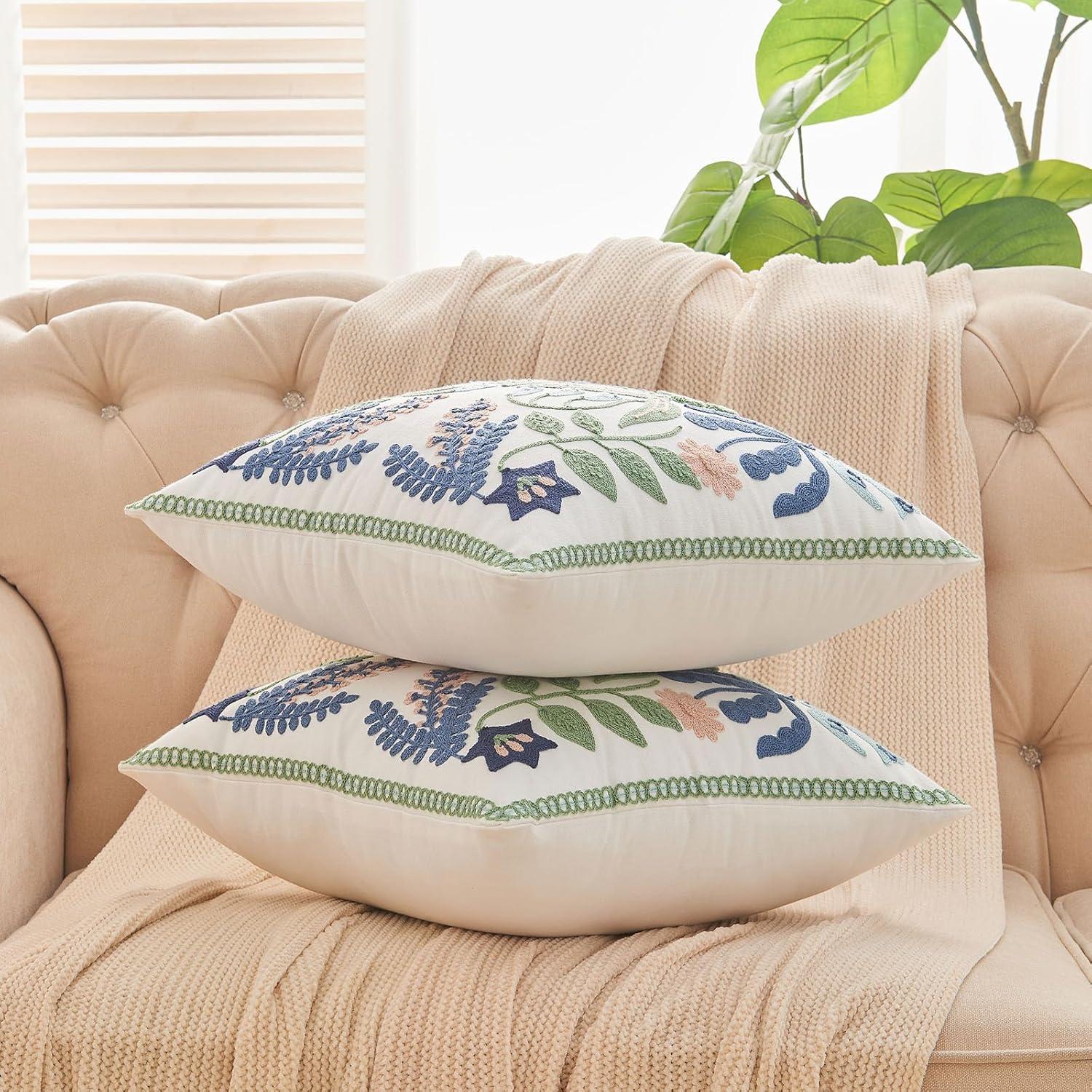 Navy and Green Floral Embroidered Cotton Euro Pillow Covers