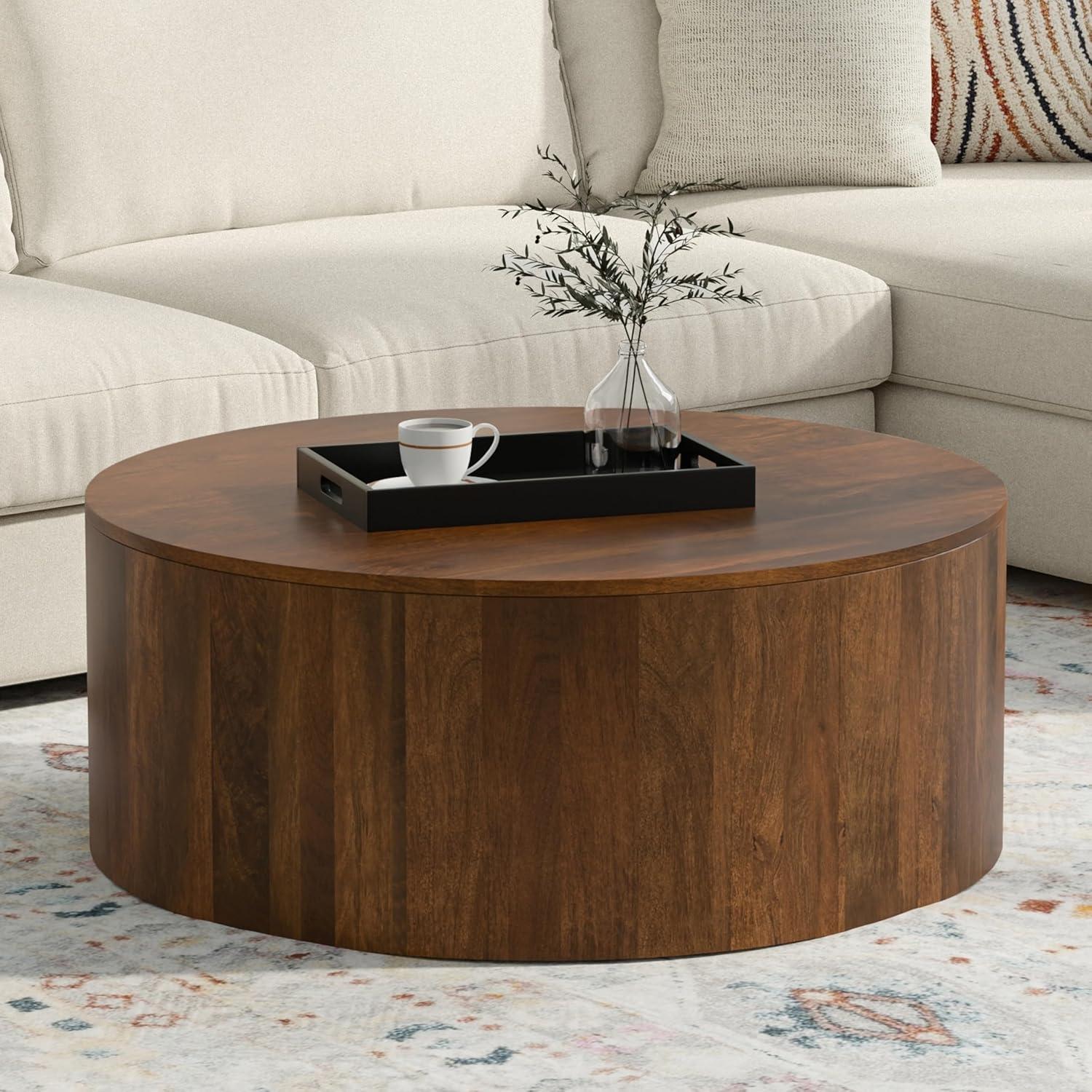 Millbury SOLID MANGO WOOD 36 inch Wide Round Contemporary Drum Coffee Table in Walnut Brown, Fully Assembled