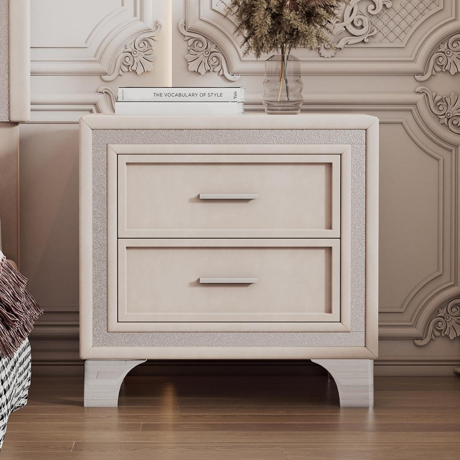Harper & Bright Designs Upholstered Wooden Nightstand with 3 Drawers and Metal Legs & Handles, Bedside Table with Marbling Worktop, Beige