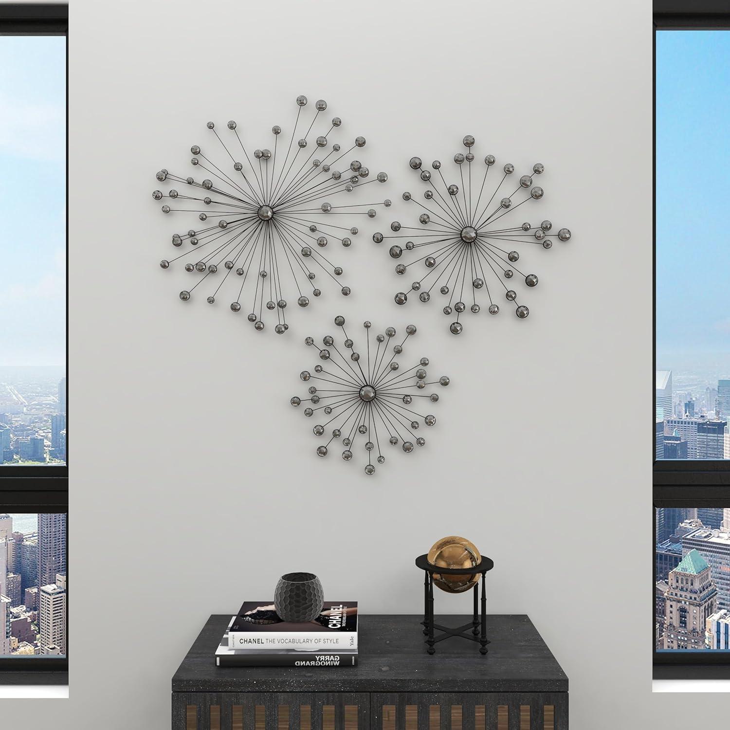 DecMode Black Glam Metal Starburst Design with Round Acrylic Jewel Accent Wall Décor, Set of 3 16", 20", 24" H