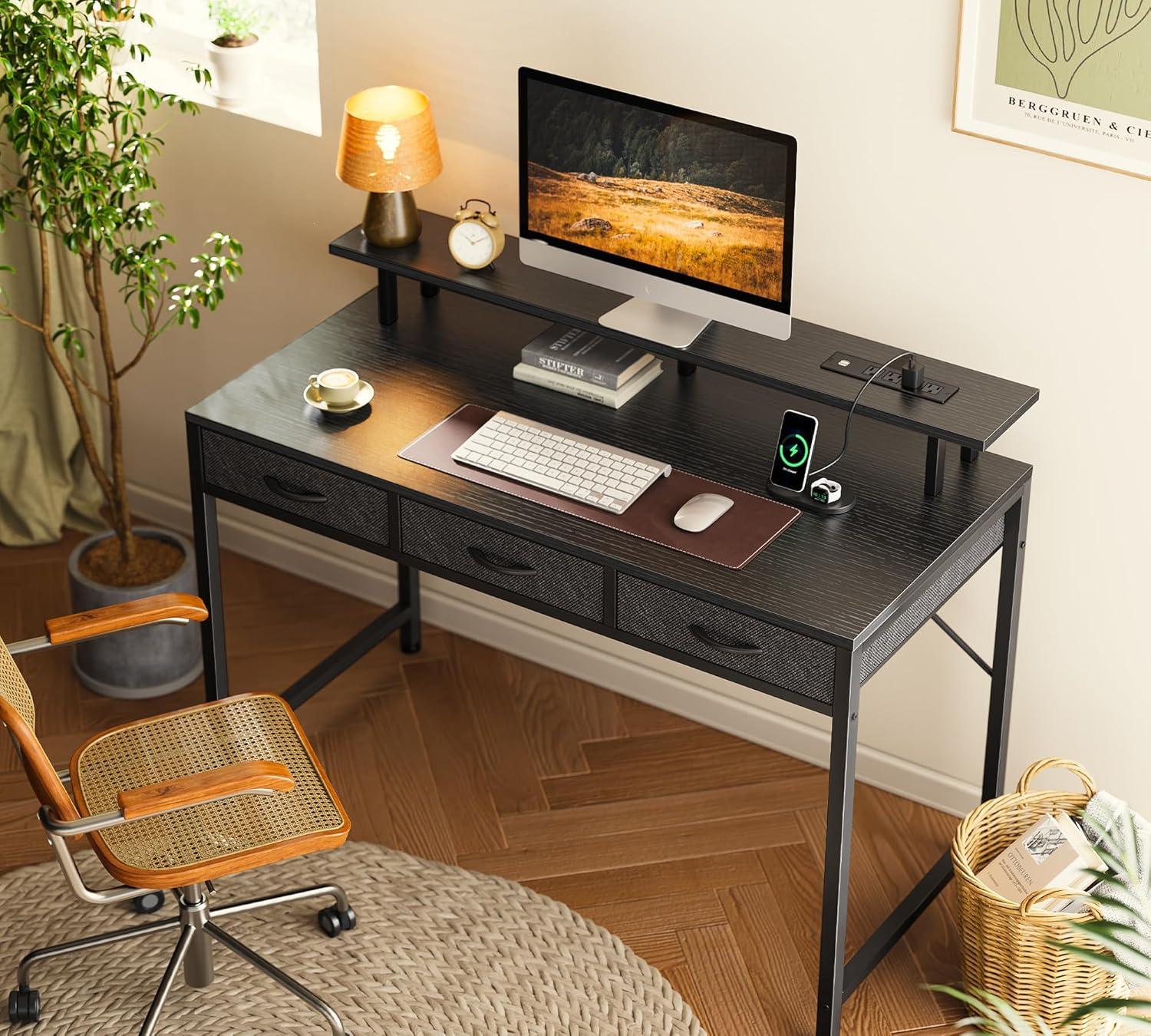 Computer Desk With 3 Drawers, Office Desk Gaming Desk With LED Lights & Power Outlets, Home Office Desks With Storage Space For Bedroom, Work From Home, (47 Inch )