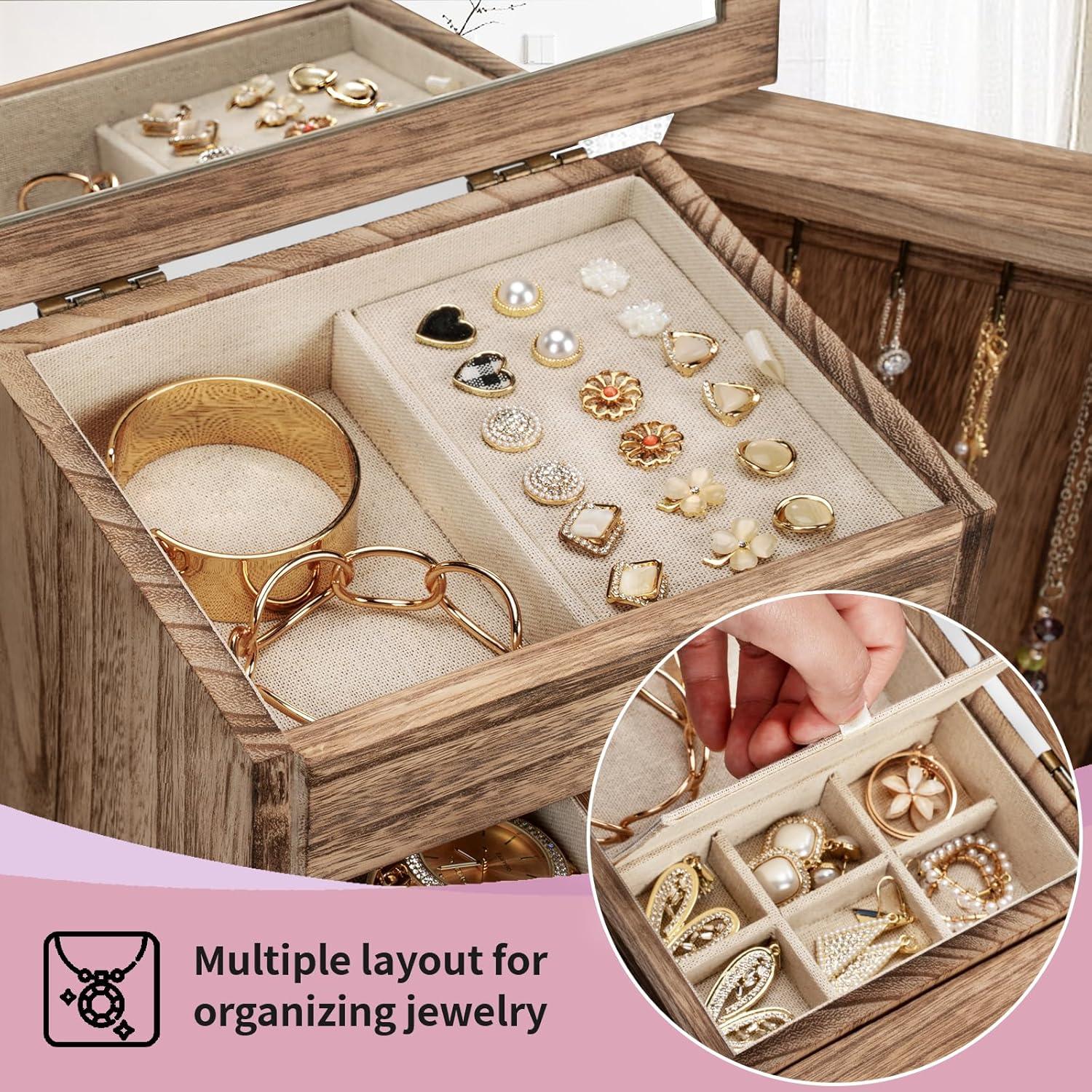 Loon Peak® Jewelry Box, Rustic Wooden Jewelry Boxes & Organizers With Mirror & Drawers,6 Layer Jewelry Organizer Box For Rings Earrings Necklaces Bracelets (Carbonized Black)