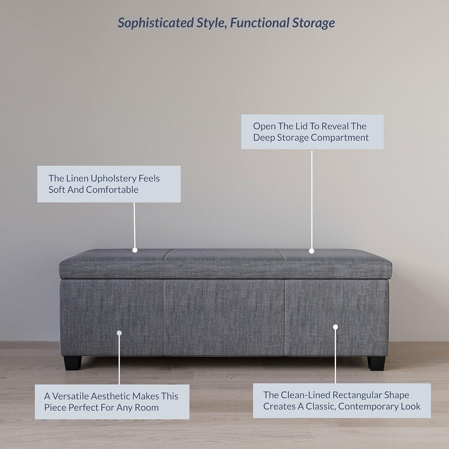 Gray Linen Storage Ottoman Bench with Rubber Wood Legs