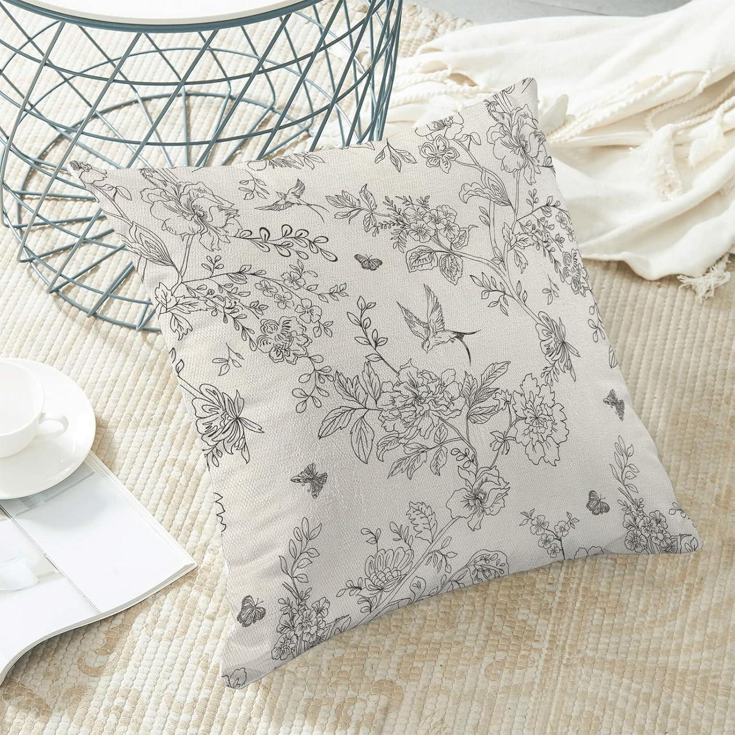 Chinoiseries Spring Pillow Covers 18x18 Set of 2, Black White Birds and Floral Throw Pillows Farmhouse Vintage Outdoor Decorative Cushion Case Decorations for Home Couch Sofa