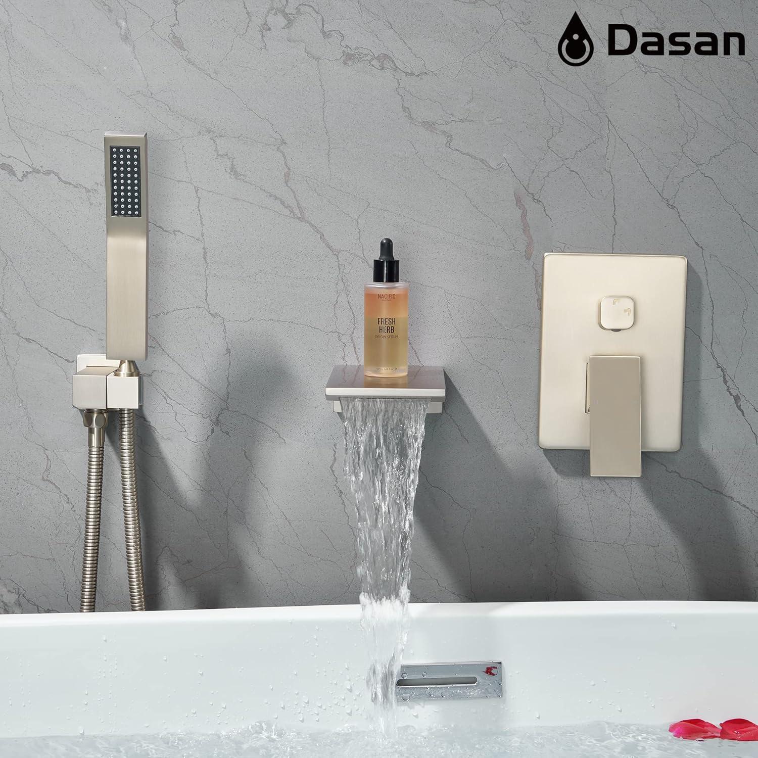 Airuida Wall Mount Tub Faucet with Waterfall Tub Spout Wall Mounted Bathtub Faucet with Handheld Shower Single Handle Tub Filler Shower Faucet Set with Rough-in valve Straight Spout Matte Black