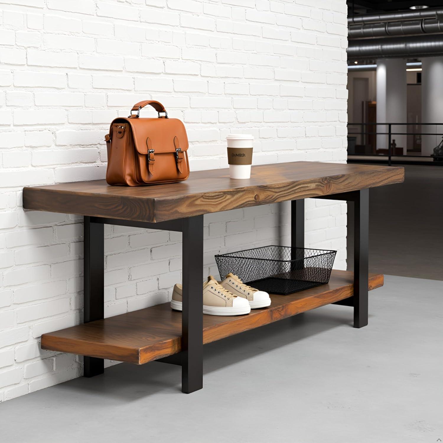 48" Pomona Solid Wood and Metal Entryway Bench Brown - Alaterre Furniture: Rustic Style, 2-Seater with Storage, Spot Clean