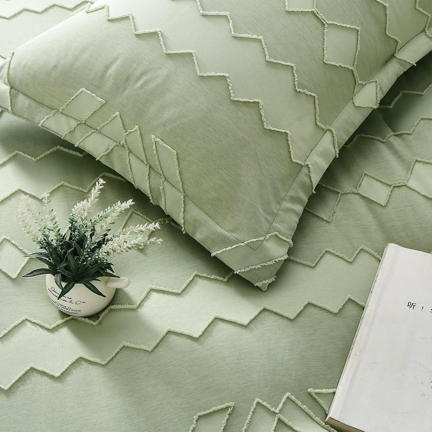 Sage Green Microfiber King Boho Comforter Set with Pom-Pom Accents