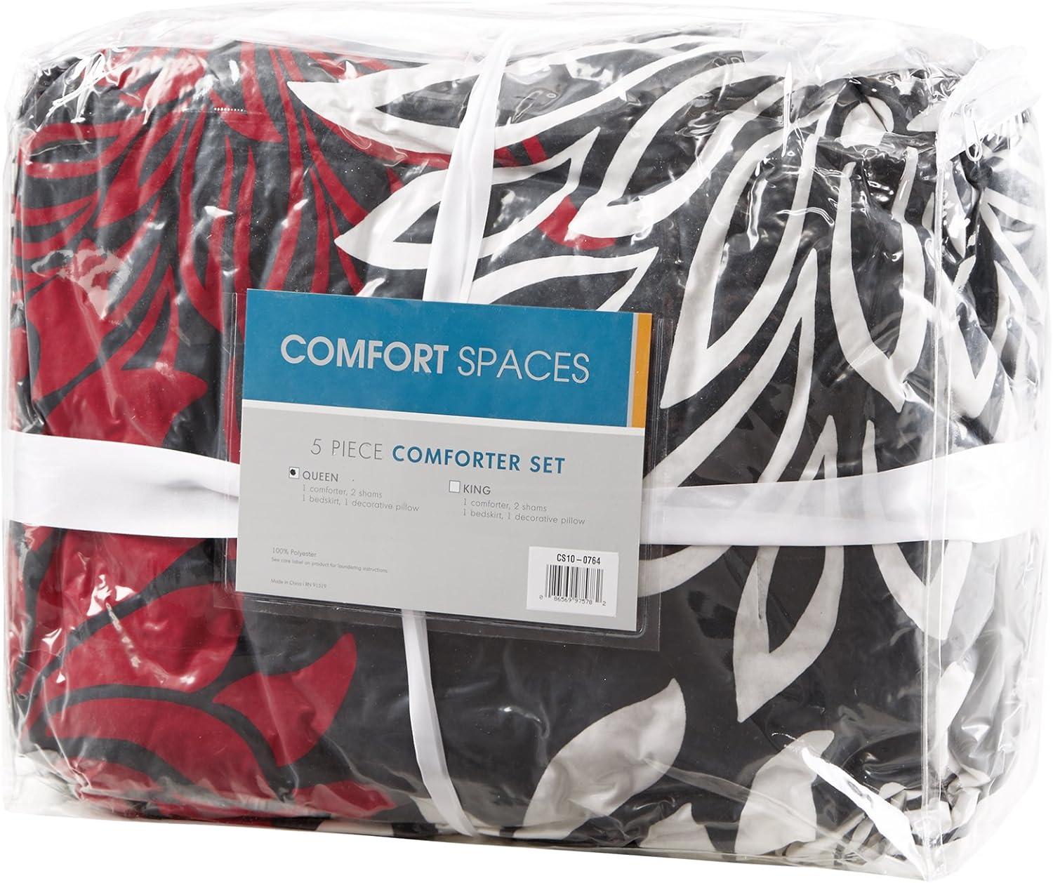 Comfort Spaces Queen Size Comforter Set, 5-Piece Floral Bedding Set for All Season, Red/Black Queen Comforter Set with Bed Skirt