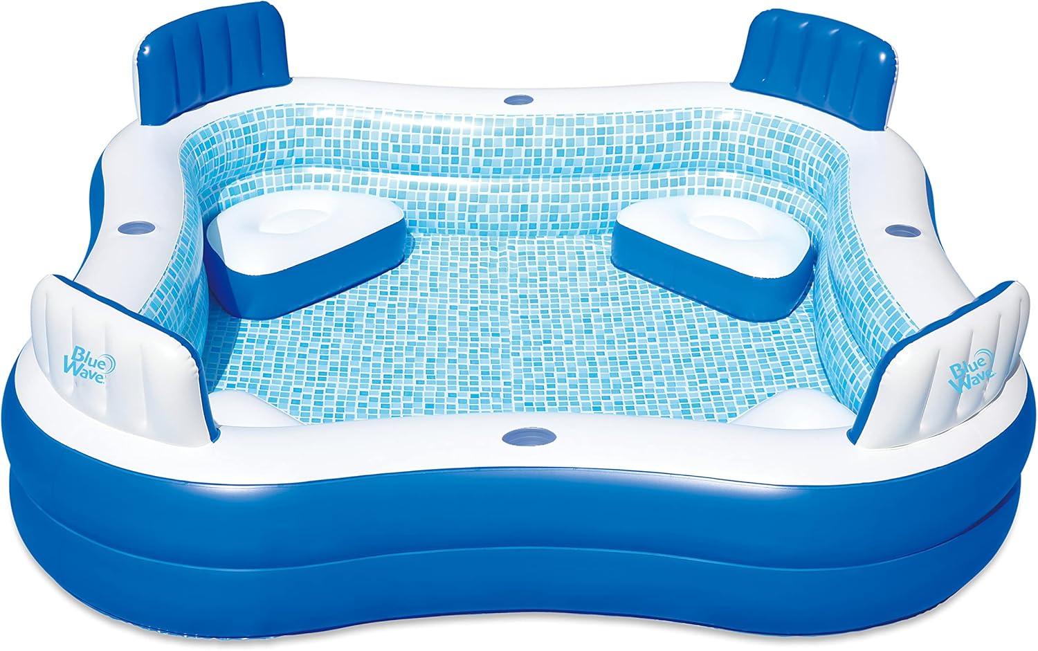 Blue and White Square Inflatable Pool with Cushioned Seats