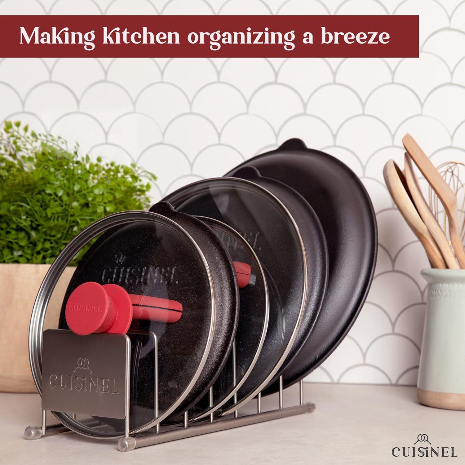 Cuisinel Lid and Dish Organizer Rack - Satin Nickel Silver Kitchen Storage Organization Stand