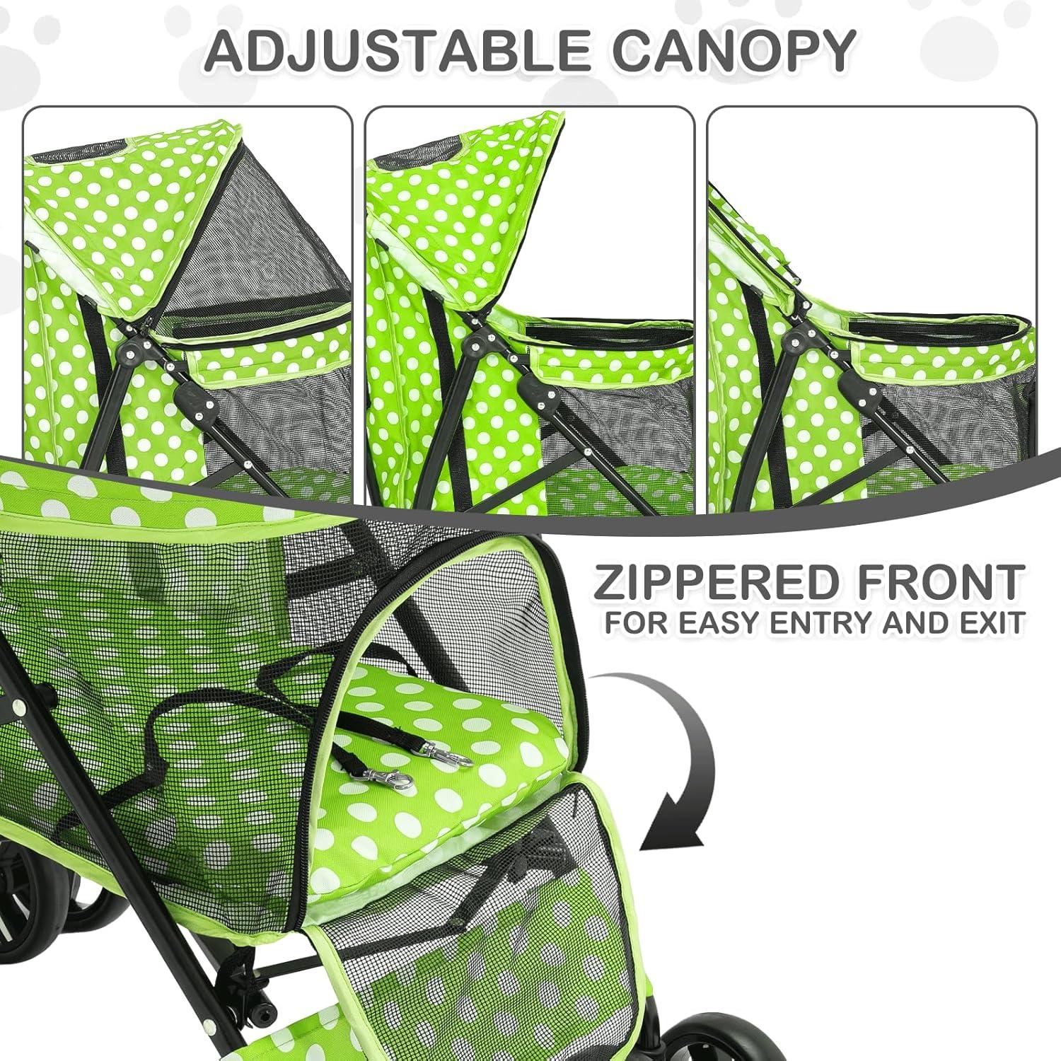 MoNiBloom 4 Wheel Foldable Lightweight Pet Trolley for Cats & Dogs, Lawn Green with White Polka Dots