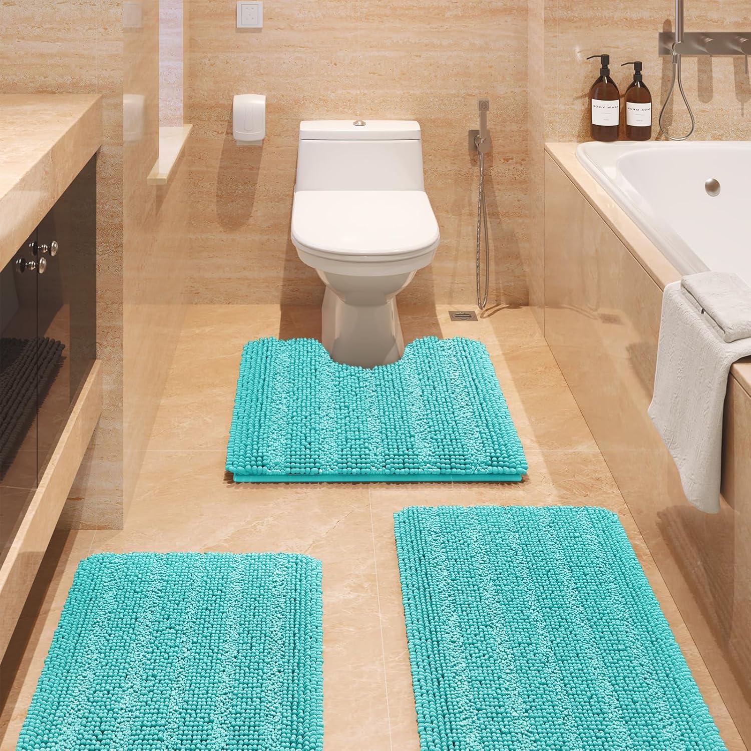 ACCUMTEK Striped Atlantic Blue Bathroom Rug Set 3 Pieces Ultra Soft, Non Slip Chenille Toilet Mat, Absorbent Plush Shaggy Bath Mats for Bathroom, Bedroom, Kitchen