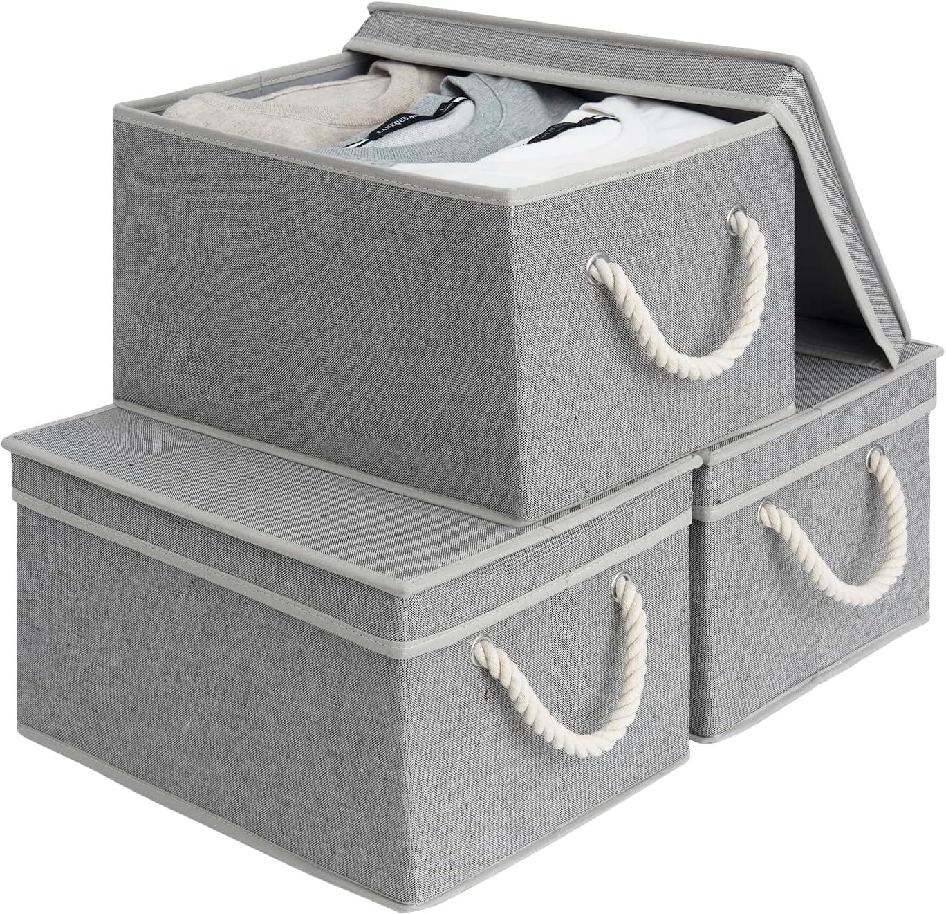 Gray Fabric Foldable Storage Bins with Lids and Rope Handles