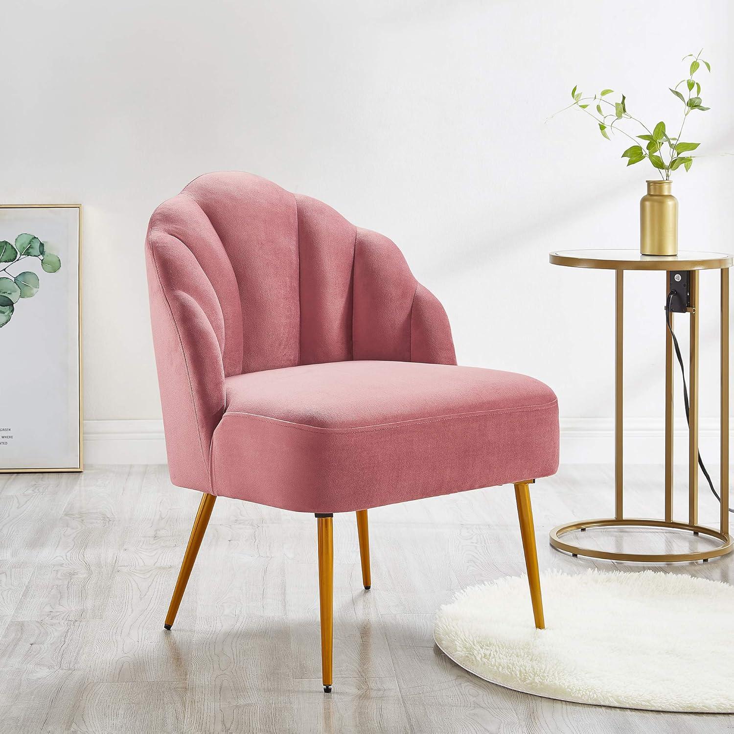 Rose Velvet Shell Back Accent Chair with Golden Metal Legs