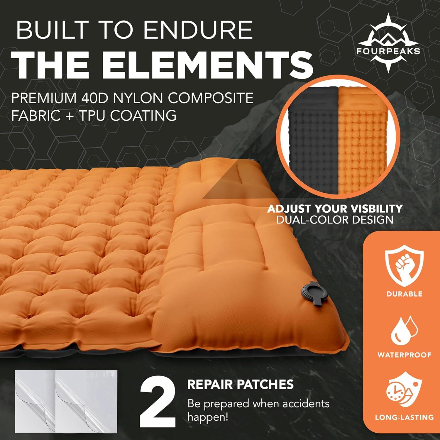 Double Orange and Black Nylon Self-Inflating Sleeping Pad with Pillows