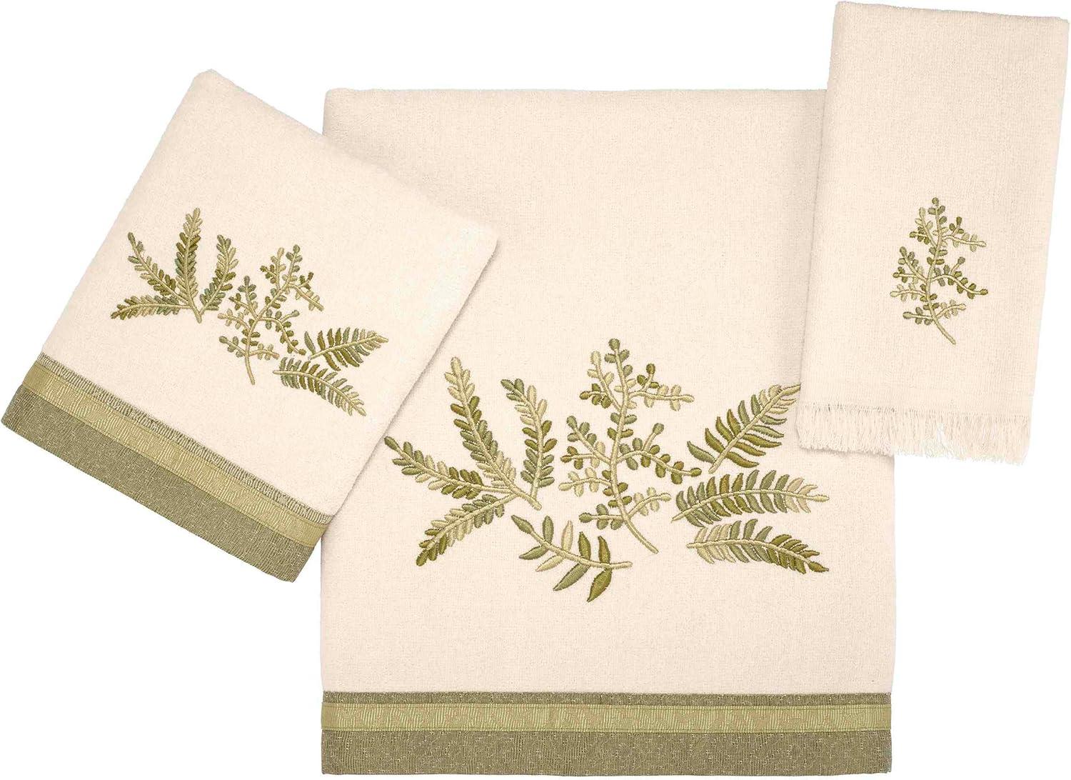 Ivory Cotton Hand Towel with Green Botanical Embroidery