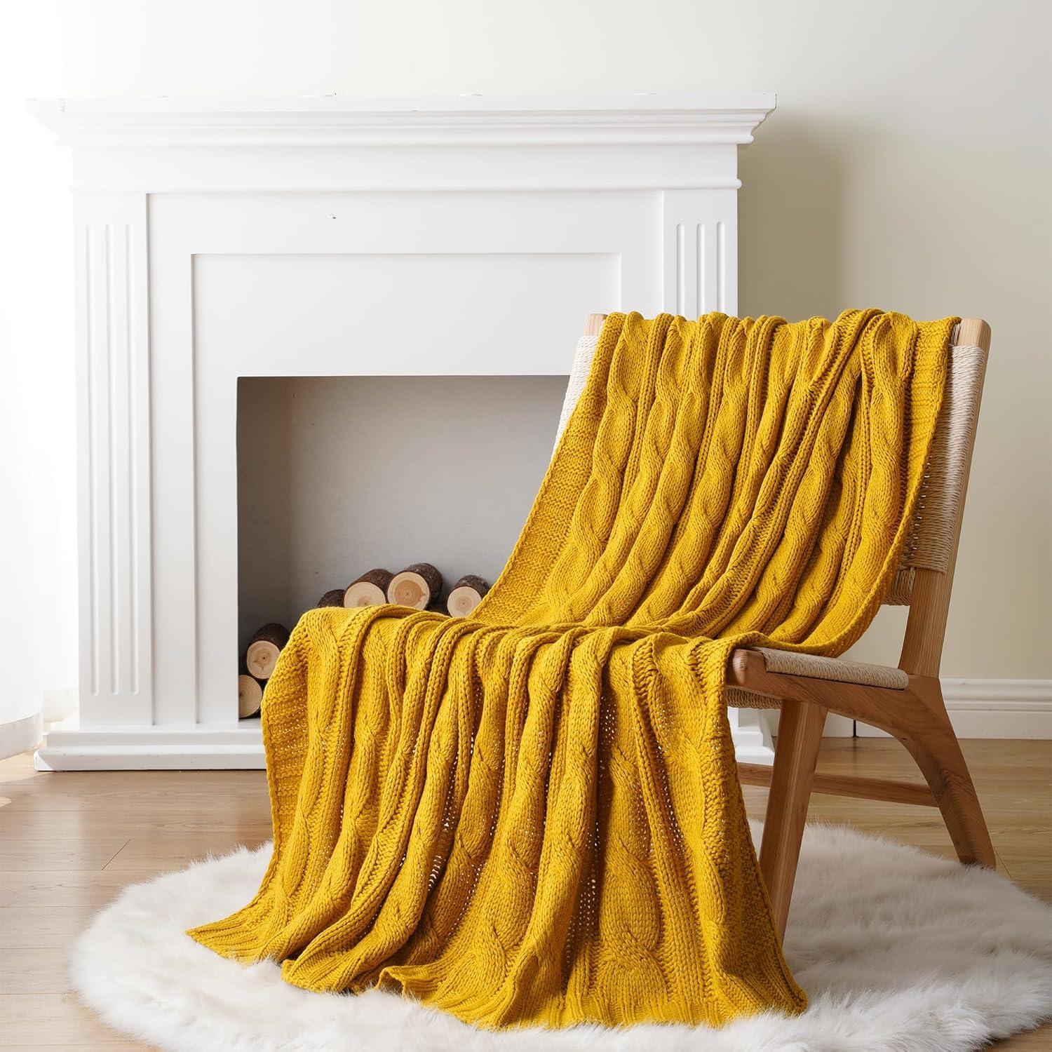 Battilo Mustard Cable Knit Blankets,Yellow Herringbone Blankets,Dorm Essentials,50" x 60"